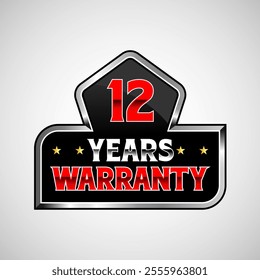 Advertising 12 Years warranty label, badge, icon, logo, with red and silver color