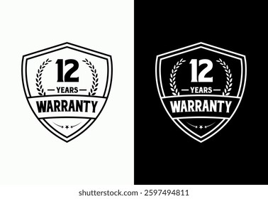 Advertising 12 years warranty shield emblem, for label, icon, logo, badge, symbol, button