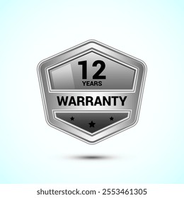 Advertising 12 years warranty silver emblem, for label, icon, logo, badge, symbol, button