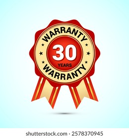 Advertising 30 years warranty gold and red color emblem, for label, icon, logo, badge, symbol, button