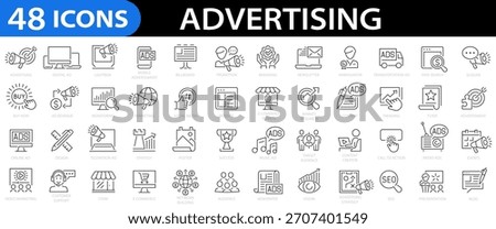 Advertising 48 line icon set. Marketing, ads, promotion, branding, campaign, ambassador, website, banner, announcement, billboard, poster and more. Editable stroke. Vector illustration