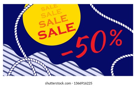 Advertising about discounts of 50%, sea subjects with the sea, the sun, a rope. Vector.