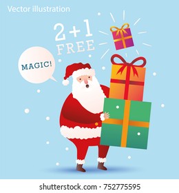 Advertising action is three for the price of two. Big christmas sale. Surprised Santa Claus holds several presents in his hands. Talk bubble. Isolated vector illustration on blue background