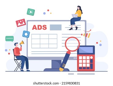 Advertising or ADS Vector Illustration for Mobile Social Media, Campaign, Business Promotion, Brand and Digital Marketing in Flat Cartoon Style