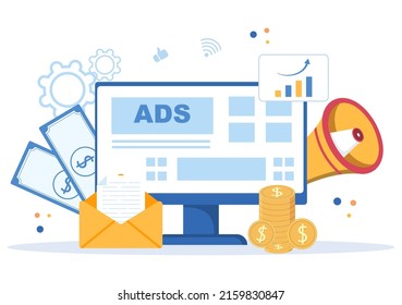 Ilustración de vectores de publicidad o ADS para medios sociales móviles, campaña, promoción de negocios, marca y marketing digital en estilo de caricatura plana