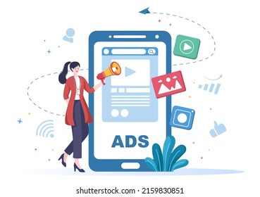 Advertising or ADS Vector Illustration for Mobile Social Media, Campaign, Business Promotion, Brand and Digital Marketing in Flat Cartoon Style