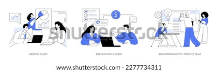 Advertising agency abstract concept vector illustration set. Meeting client, briefing and discussing promotion strategy, brainstorming with creative team, digital marketing abstract metaphor.