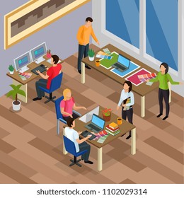 Advertising agency background with ideas development and work symbols isometric vector illustration