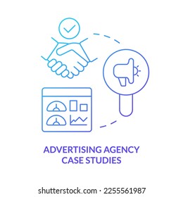 Advertising agency case studies blue gradient concept icon. Customer service. Business promotion learning abstract idea thin line illustration. Isolated outline drawing. Myriad Pro-Bold font used