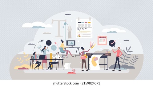 Advertising agency and company brand style development tiny person concept. Business image creation with logo, banners, ads and commercial strategy planning vector illustration. Professional work.