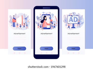 Advertising agency concept. Service advertisement, Outdoor advertising, Digital marketing, SMM. People and big megaphone. Screen template for mobile, smartphone app. Modern flat cartoon style. Vector
