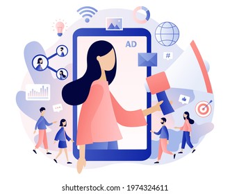 Advertising agency concept. Tiny woman with big megaphone in smartphone screen. Service advertisement, Digital marketing, SMM, Outdoor advertising. Modern flat cartoon style. Vector illustration