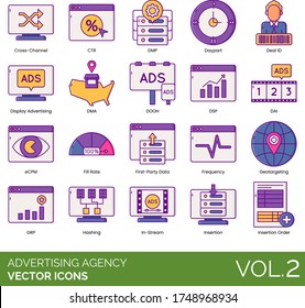 Advertising agency icons cross channel, ctr, dmp, daypart, deal ID, display, dma, dooh, dsp, dai, ecpm, fill rate, first party data, frequency, geotargeting, grp, hashing, in stream, insertion, order.