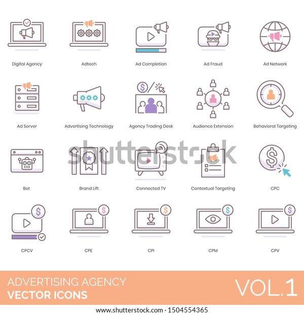 Advertising Agency Icons Including Digital Adtech Stock Vector