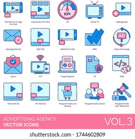 Advertising Agency Icons Including Interactive In-app Pre-roll, Kpi, Linear Tv, Makegoods, Message Recall, Mid-roll, Mobile, Mrc, Open Exchange, Opt In, Ott, Page Request, Pii, Pixel, Post-roll Ad.