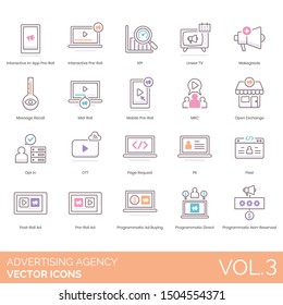 Advertising Agency Icons Including Pre-roll, Kpi, Linear Tv, Makegoods, Message Recall, Mid-roll, Mobile, Mrc, Open Exchange, Opt In, Ott, Page Request, Pii, Pixel, Post-roll Ad, Programmatic Buying.