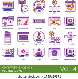 Iconos de la agencia de publicidad que incluyen ptv, rtb, remarketing, ron, ros, datos de segunda parte, tasa de venta, decodificador, sov, pre-roll saltable, rascacielos, ssp, audiencia objetivo, servidor de anuncios de terceros.