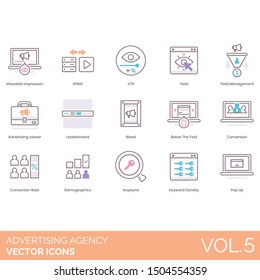 Advertising agency icons including viewable impression, vpaid, vtr, yield management, career, leaderboard, bleed, below the fold, conversion, rate, demographics, keyword density, pop up.