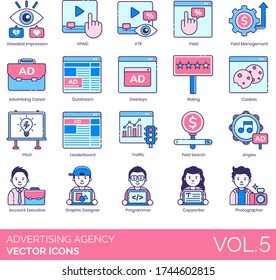 Advertising agency icons including viewable impression, vpaid, vtr, yield management, career, outstream, overlay, rating, cookies, pitch, leaderboard, traffic, paid search, jingles, account executive.