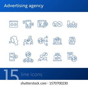 Advertising agency icons. Set of line icons. Diagram, mobile with percent sign and envelope. Finance concept. Vector illustration can be used for topics like banking, business