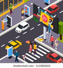 Advertising agency installers placing banners posters signs within busy city streets crossroads daytime isometric composition vector illustration 