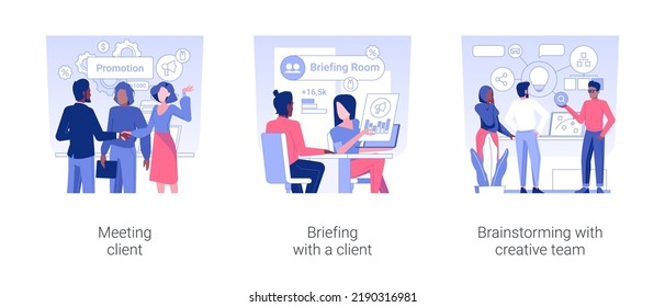 Advertising Agency Isolated Concept Vector Illustration Set. Meeting Client, Briefing And Discussing Promotion Strategy, Brainstorming With Creative Team, Digital Marketing Vector Cartoon.