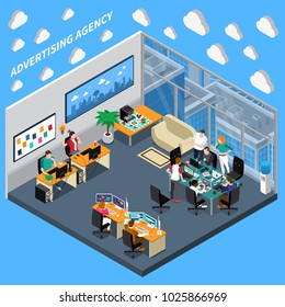 Advertising agency isometric composition on blue background with creative team, designers at office vector illustration 