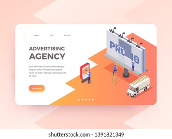 Advertising agency isometric horizontal banner with people changing billboard 3d vector illustration