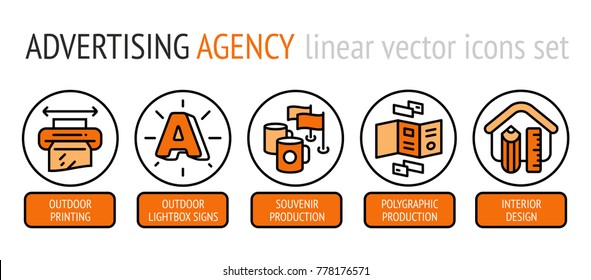 Advertising agency linear vector icons set