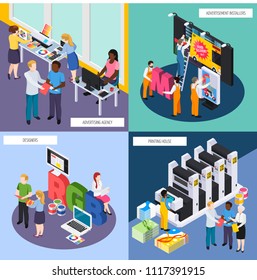 Advertising agency personnel concept isometric 4 icons with designers banners signs installers printing house isolated vector illustration 