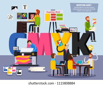 Advertising agency personnel services flat orthogonal colorful composition with designers ads projects presentation and printing vector illustration 