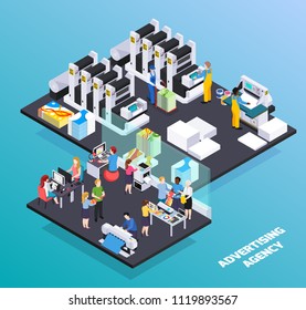 Advertising agency personnel services  isometric composition with ads designers clients promotion printing house production cutting vector illustration