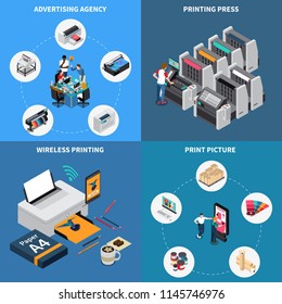 Advertising agency printing house concept 4 isometric compositions with digital technology creating pictures press device vector illustration 