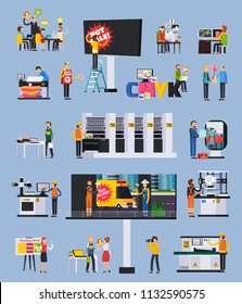 Advertising agency production orthogonal flat elements set with designers projects presentation billboard ads printing installation vector illustration
