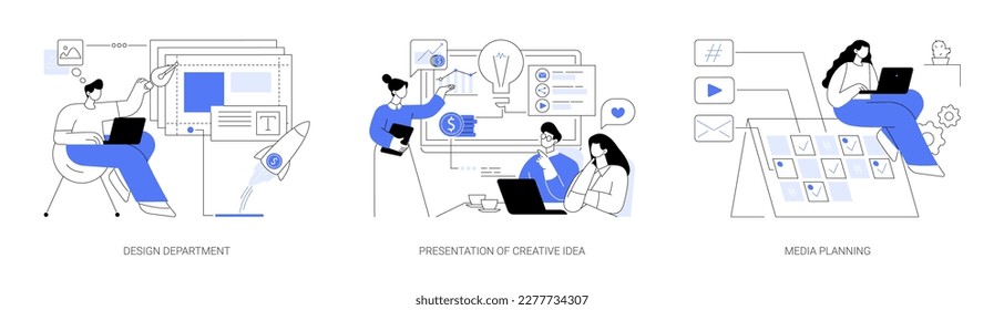 Advertising agency services abstract concept vector illustration set. Design department, presentation of creative idea, media planning, creating logo, promotional media calendar abstract metaphor.