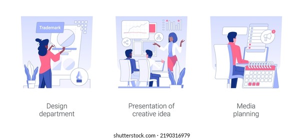 Advertising agency services isolated concept vector illustration set. Design department, presentation of creative idea, media planning, creating logo, promotional media calendar vector cartoon.