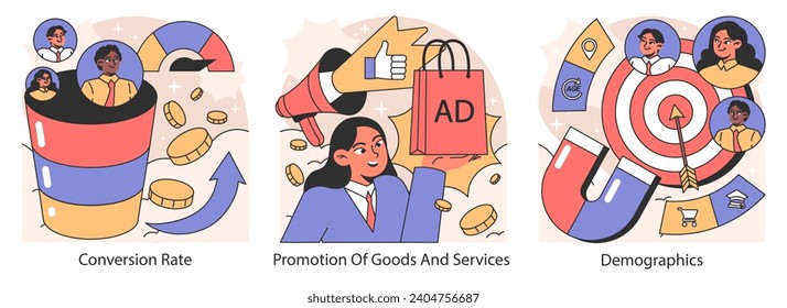 Advertising agency set. Showcasing conversion rate, goods promotion, and demographic targeting. Effective strategy and results-driven marketing approach. Flat vector illustration