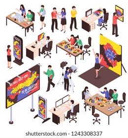 Advertising agency set with studio work and outdoor advertising symbols isometric isolated vector illustration