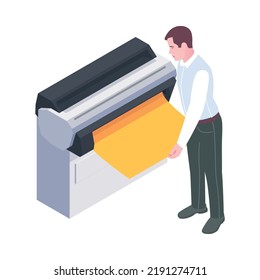 Advertising agency staff isometric icon with man printing yellow poster 3d vector illustration