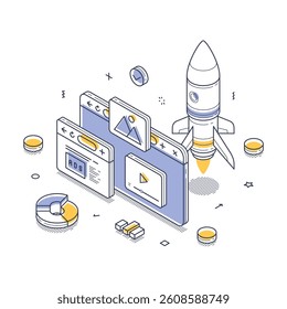 Advertising agency at work, featuring digital screens displaying creative content, a rocket symbolizing innovative ideas, and various graphic elements. Isometric line vector illustration
