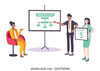 Advertising agency workers discussing marketing plan and logo design in office flat vector illustration