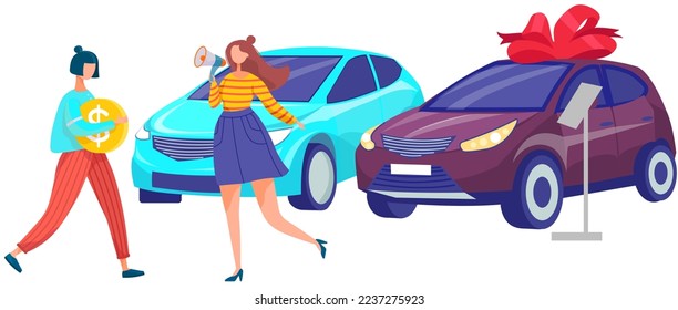 Advertising agent girl attracts customers to car showroom center with autos market, exhibition inside. Automobile dealership store shop. New modern vehicles models demonstration, sale and trading