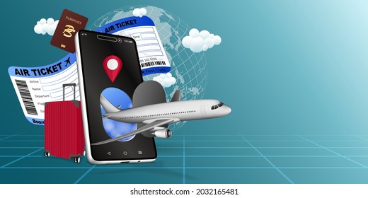 Advertising air travel shopping ticket booking in holiday package vacation travels online on mobile phone application or website around the world, blue background for vector illustration set 2