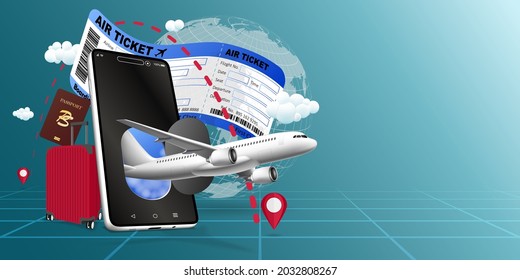 Advertising Air Travel Shopping Ticket Booking In Holiday Package Vacation Travels Online On Mobile Phone Application Or Website Around The World, Blue Background For Vector Illustration Set 1