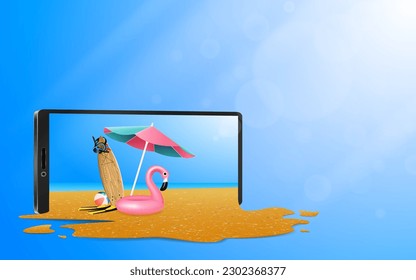 Advertising air travel shopping ticket booking travel online on mobile phone application or website. Best summer beach vacations deals in holiday package, blue sky background for vector illustration
