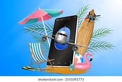 Advertising air travel shopping ticket booking travel online on mobile phone application or website. Summer on beach vacation online in holiday package idea, sea sky background for vector illustration