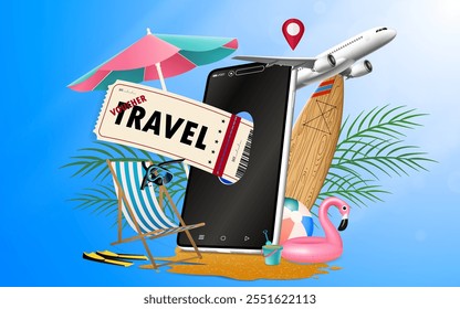 Advertising air travel shopping ticket booking travel online on mobile phone application or website. Summer on beach vacation online in holiday package idea, sea sky background for vector illustration