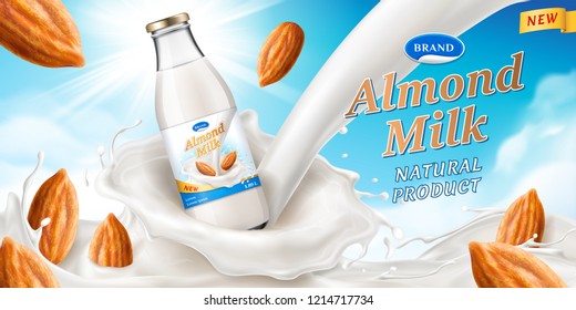 Advertising for almond milk with glassware bottle and creamy 3d splash, realistic nuts. Package design for vegan dairy drink or protein beverage, branding for healthy milky nutrition.