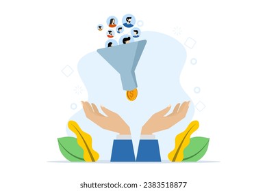 advertising analysis concept, customer acquisition conversion to sales, marketing funnel conversion rate, marketing funnel hand holding to attract potential customers and convert to sales.