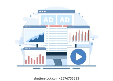 Advertising Analysis Concept, Detailed evaluation of commercial advertising, marketing diagram analysis, digital marketing elements, graphs and charts. Flat vector illustration on background.